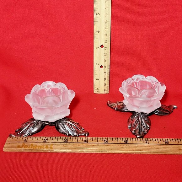 Vintage Pair PM Italy Frosted Glass Rose Silver Plate Leaves Candle Holder - Picture 9 of 13